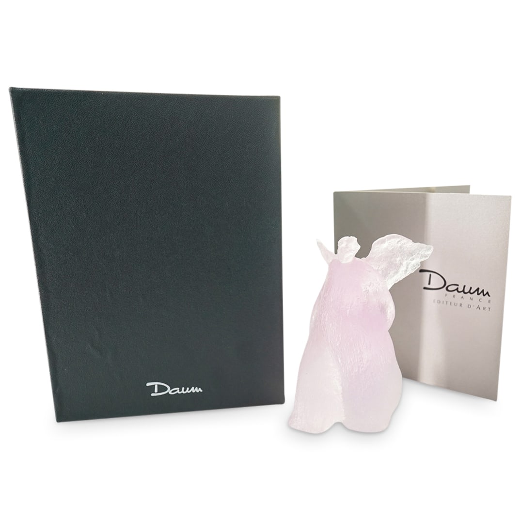 Limited Edition Daum "Seraphin" Pate-De-Verre Sculpture: DESCRIPTION: Limited Edition Daum "Seraphin" pate-de-verre sculpture, by Pascale Boucholzer (French, 1970). Depicts an angel sculpture in pate de verre crystal in rose pink color. Limited edition of a
