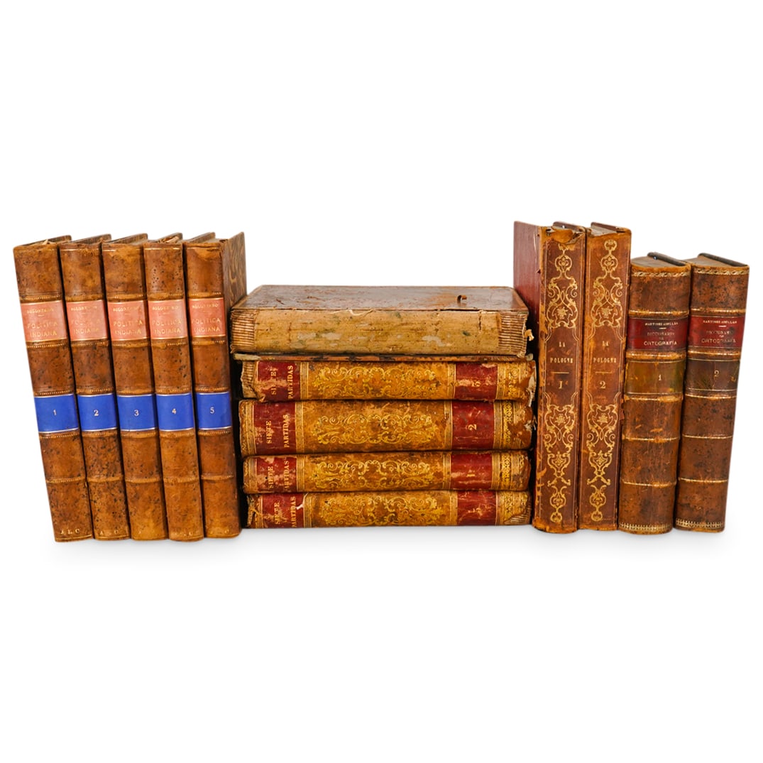 (14 Pc) Antique Spanish And French Non Fiction: DESCRIPTION: Fourteen volumes of Spanish and French non-fiction, each bound with leather and featuring gilt writing and/or decor on spine. Except La Pologne, all works are in Spanish. Work titles, aut