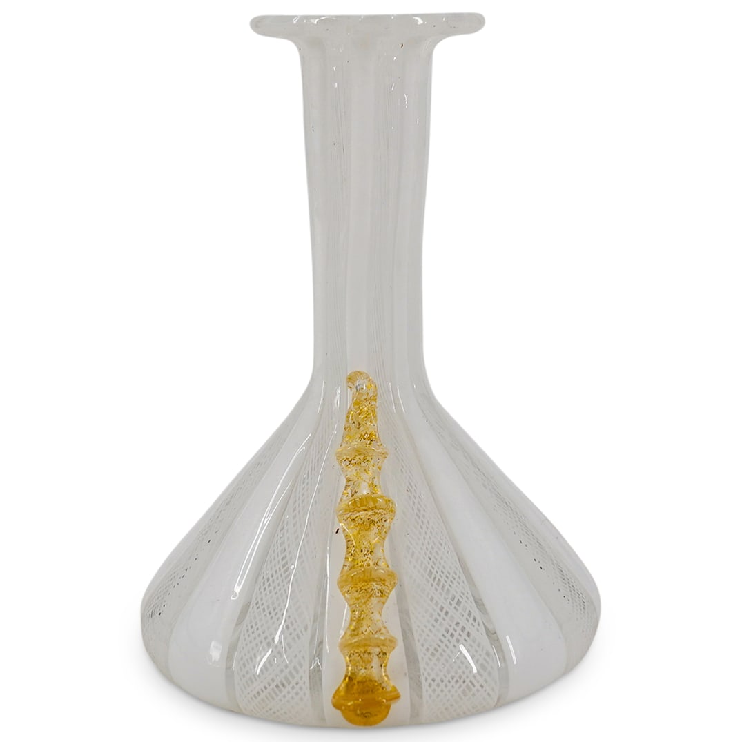 Murano Glass Latticino & Gold Fleck Vase: DESCRIPTION: A Murano glass vase with bottle neck form, designed with lattice and ribbon design, with applied gold fleck details. CIRCA: 20th Cent. ORIGIN: Italy DIMENSIONS: H: 4.5" x Dia: 4" CONDITIO