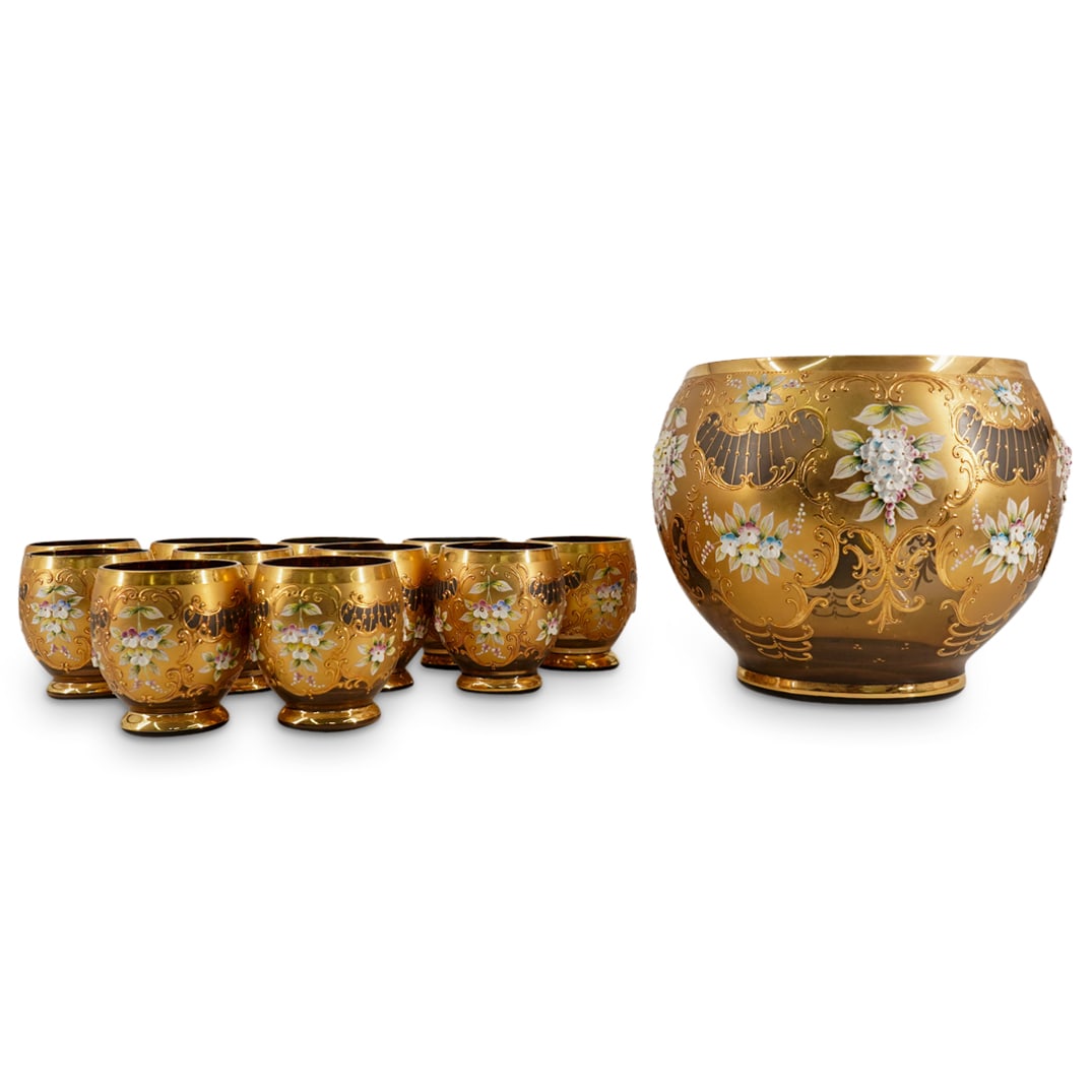 (12 Pc) Czech Bohemian Hand Painted Enameled Punch Bowl Set (1 of 7)