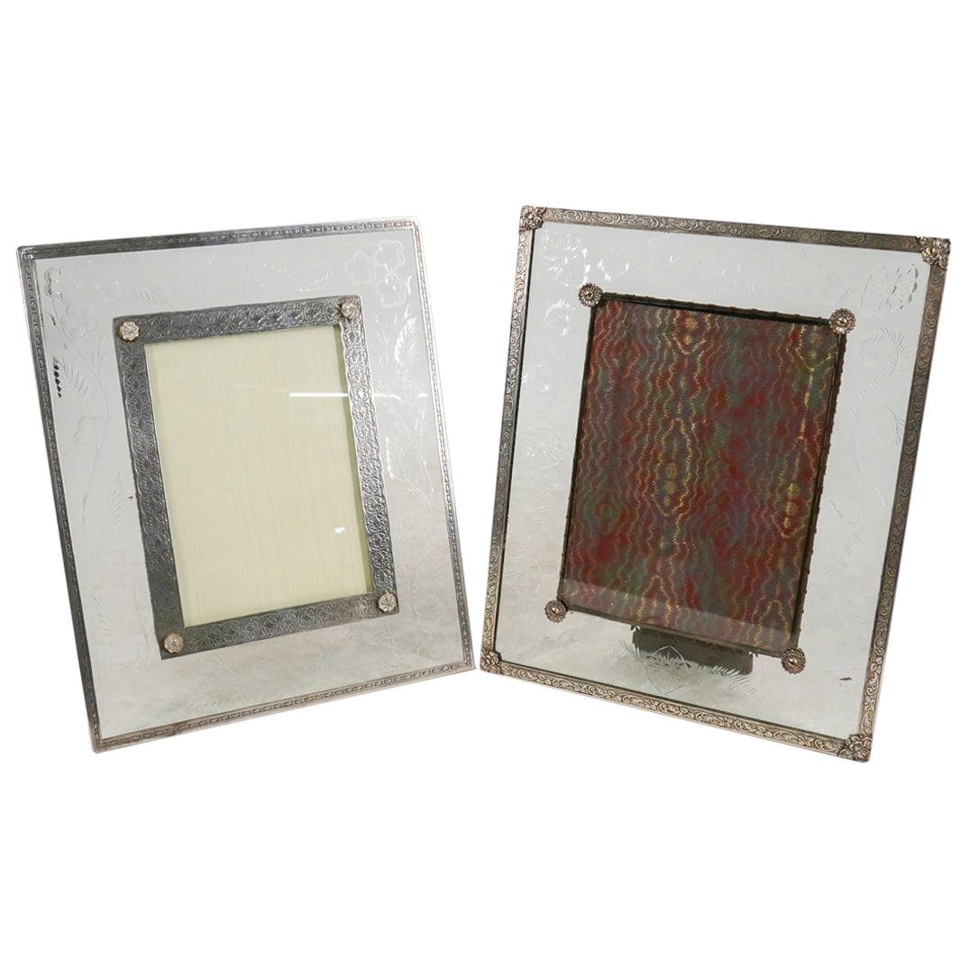 (2 Pc) Vintage Etched Glass & Sterling Silver Desk Photo Frames (1 of 10)