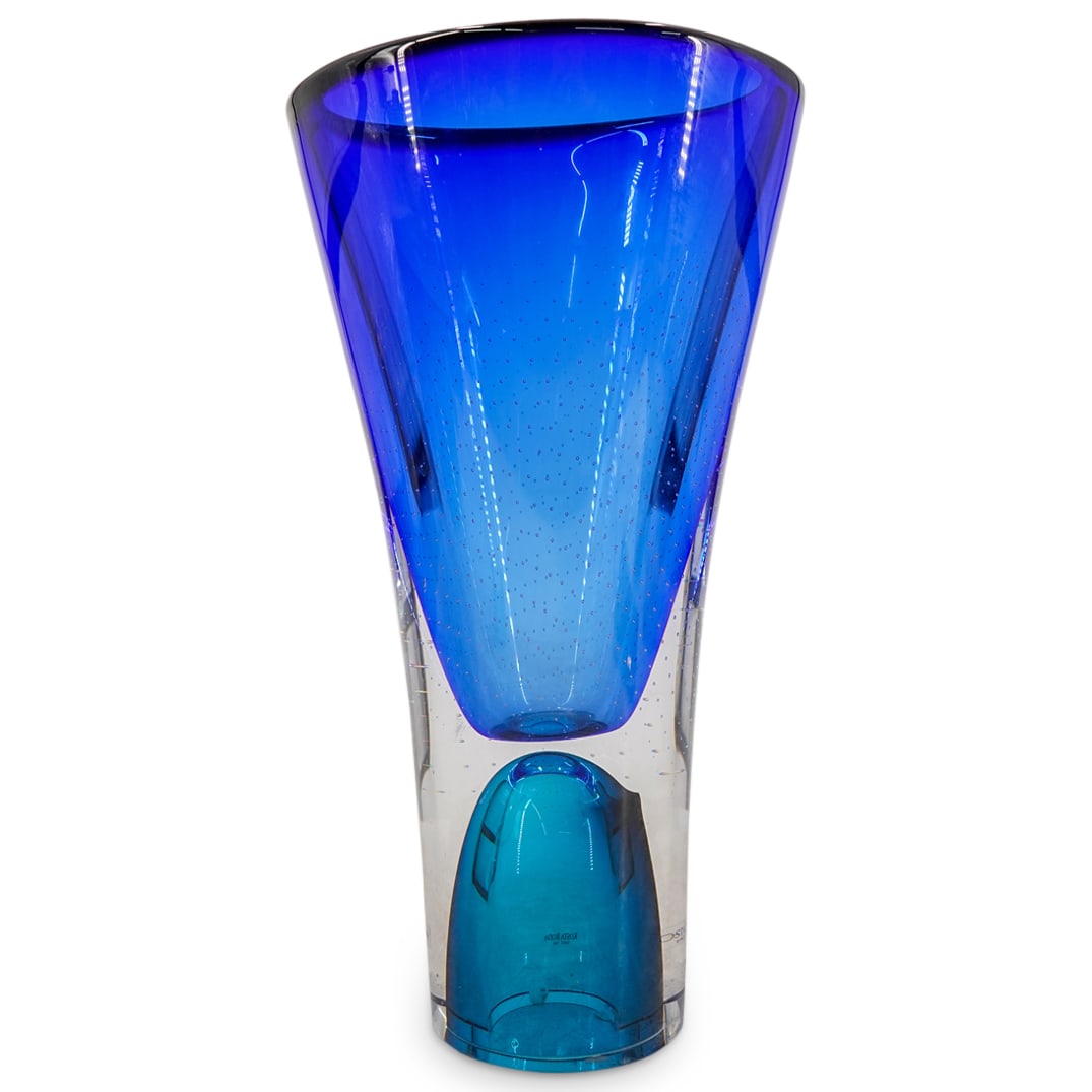 Signed Kosta Boda Signed Goran Warff "Zoom Series" Glass Vase: DESCRIPTION: Signed Kosta Boda Signed Goran Warff "Zoom Series" Glass Vase. In clear glass with sommerso blue interior and bullicante controlled bubble accents. Goran Warff designed the Zoom series fo