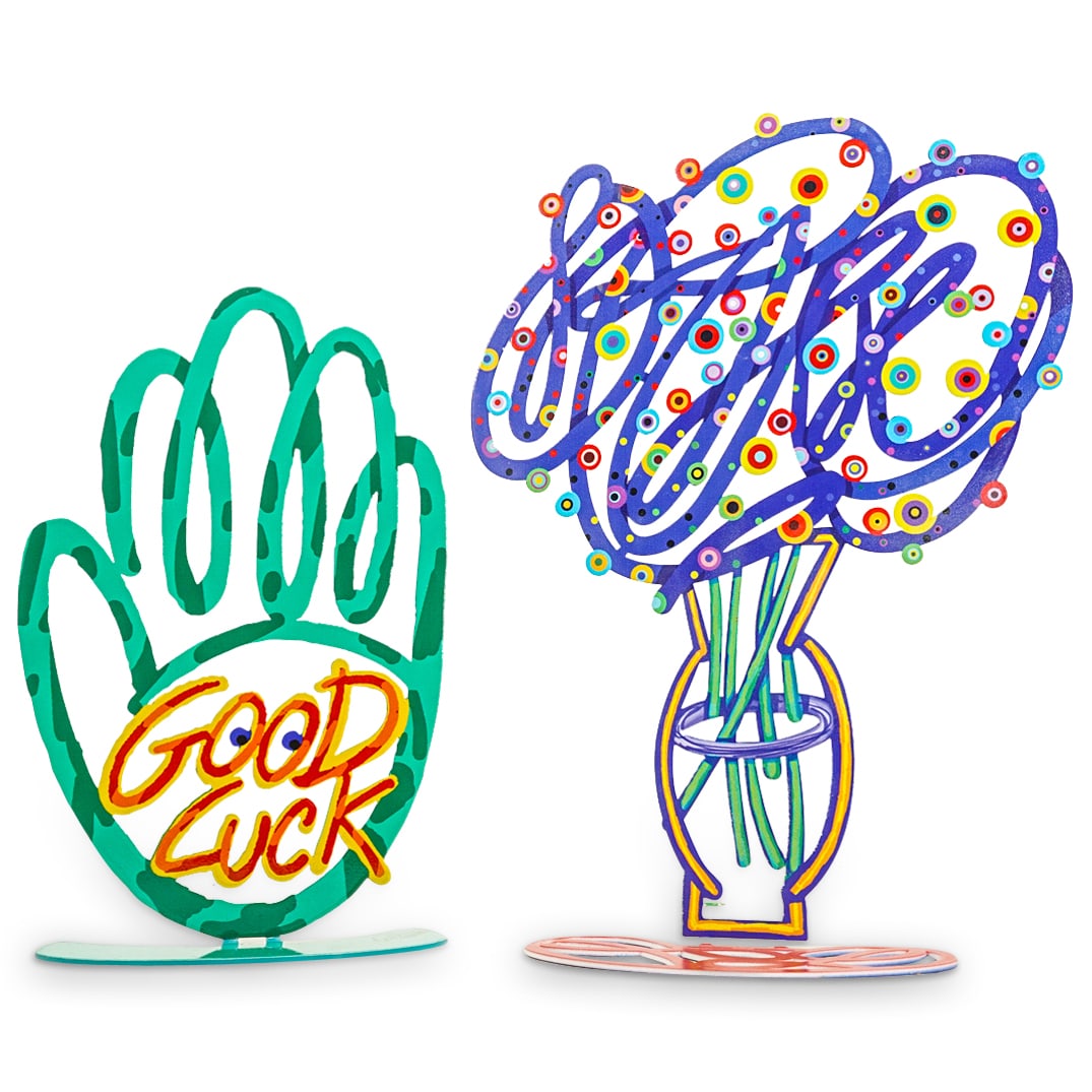 (2) David Gerstein Pop Art Sculptures: DESCRIPTION: (2) David Gerstein pop art sculptures. (1) Hamsa Good Luck" sculpture enamel on aluminum. H: 9" W: 5.75" (1) Leafy tree sculpture enamel on aluminum. Both marked " Gerstein Studios". H: 1
