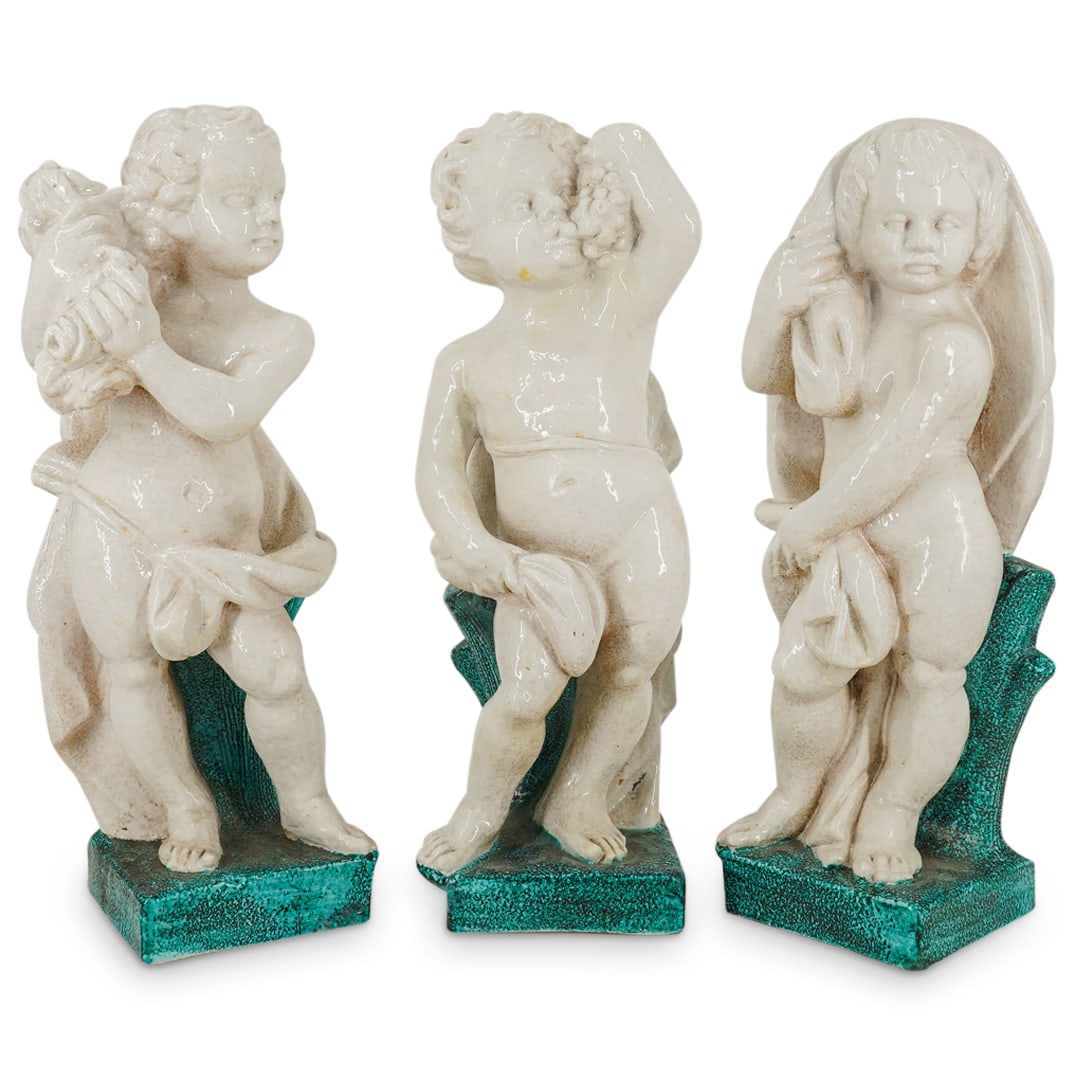 (3 Pc) Italian Large Glazed Terracotta Putti Cherub Sculptures (1 of 20)