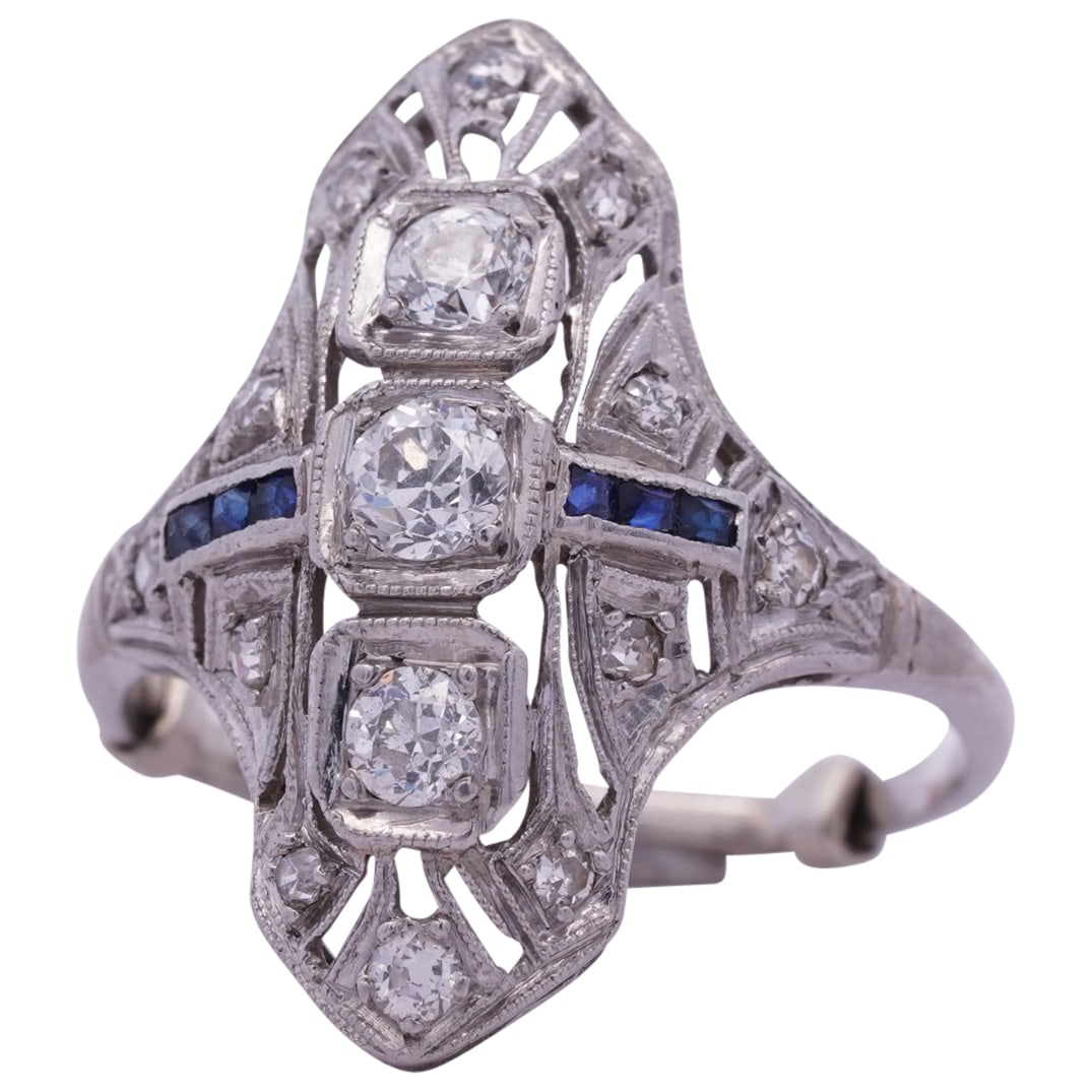Art Deco Platinum, Diamond and Sapphire Ring (1 of 4)