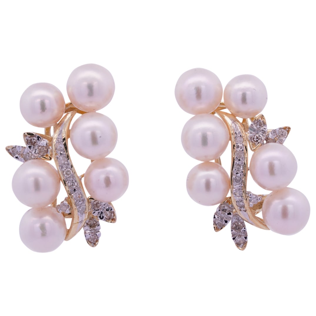 Retro 14k Gold, Pearl Cluster and Diamond Earrings (1 of 5)