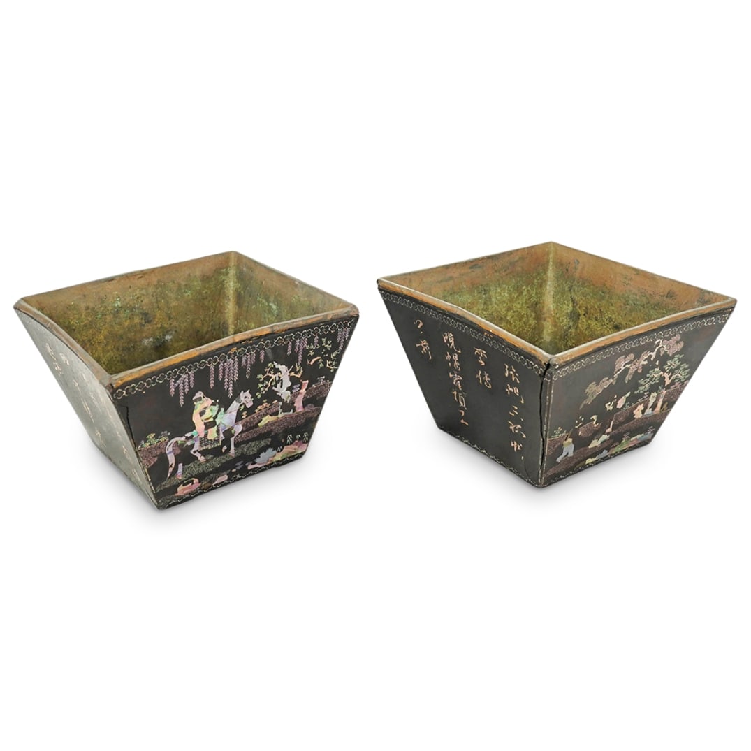 Pair of 19th C. Chinese Lacquered Abalone Jardinieres: DESCRIPTION: Pair of 19th Century Chinese lacquered jardinieres with square tapered forms, inlaid with abalone figural scenes and character scrip. provenance: â€œThis lot was acquired from a de