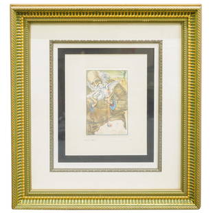 Salvador Dali, (Spain, 1904-1989) Lithograph: DESCRIPTION: (1) Salvador Dali, (Spain, 1904-1989), Signed and numbered lithograph "Bernardone", embossed signature to the bottom right-hand corner, signed bottom left in pencil and numbered 18/50 in