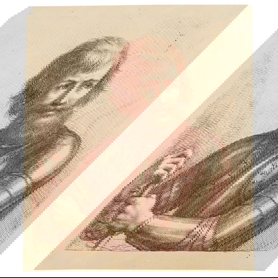 Attrib. Francesco Bartolozzi (Italian, 1727-1815) Bearded Soldier In Armor Etching: DESCRIPTION: Attributed to Francesco Bartolozzi (Italian, 1727-1815) 18th Century etching on laid paper depicting a posing bearded soldier in armor with staff in hand. CIRCA: 18th Cent. ORIGIN: Englan