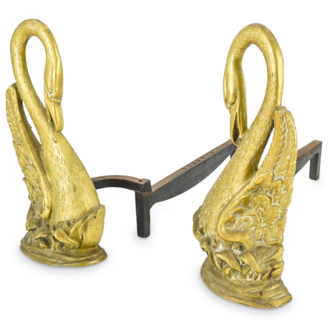 Pair Bennett Swan Andirons: DESCRIPTION: Pair of Bennett andirons, the fronts each in the form of a swan.Marked with "Bennett". This lot was acquired from a deaccession of various objects belonging to Vizcaya Museum and Gardens