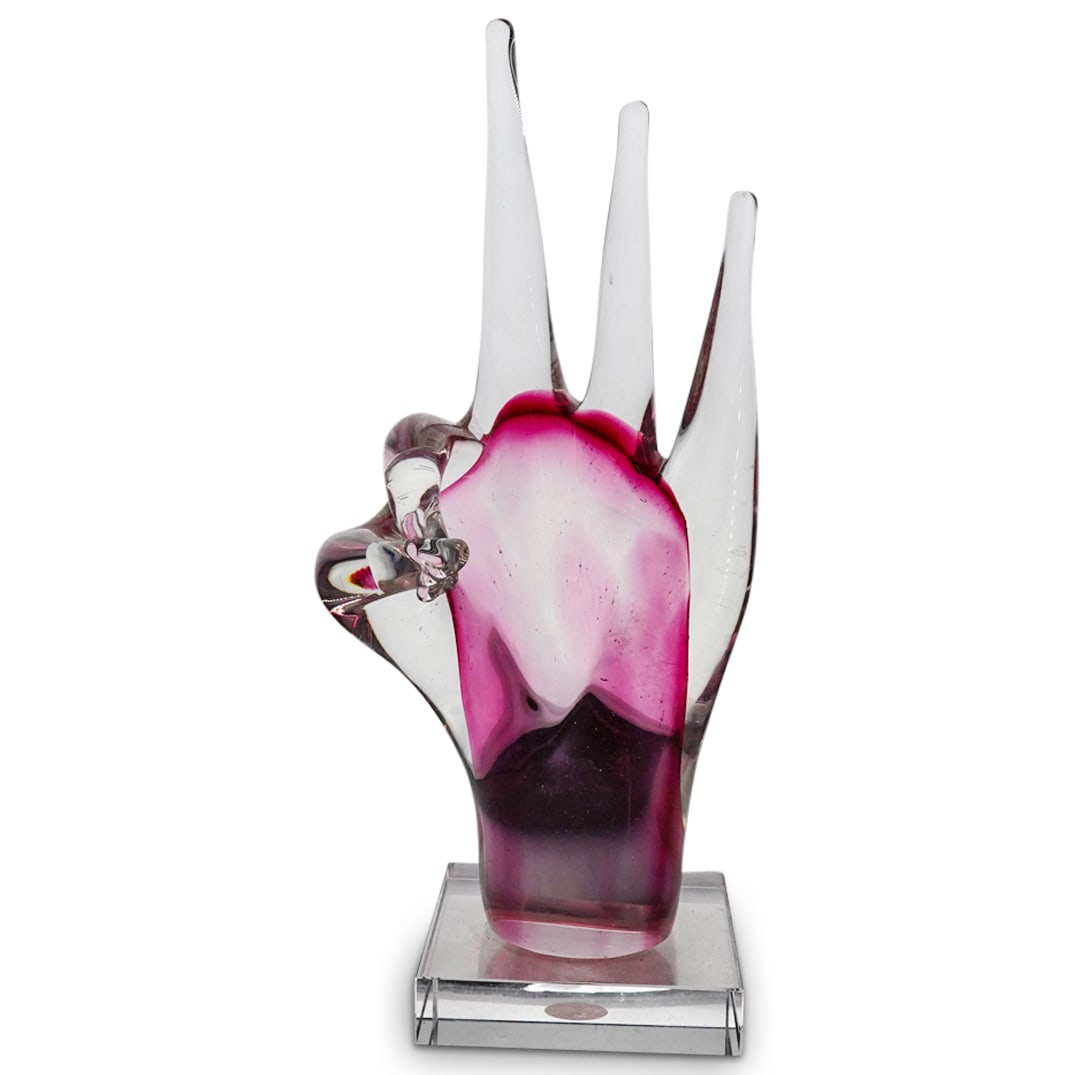 Murano Art Glass Sommerso Hand Sculpture: DESCRIPTION: Murano art glass sommerso Hand sculpture in translucent clear glass with Sommerso magenta interior. The hand is facing upwards and is displaying the OK sign or ring gesture performed by j