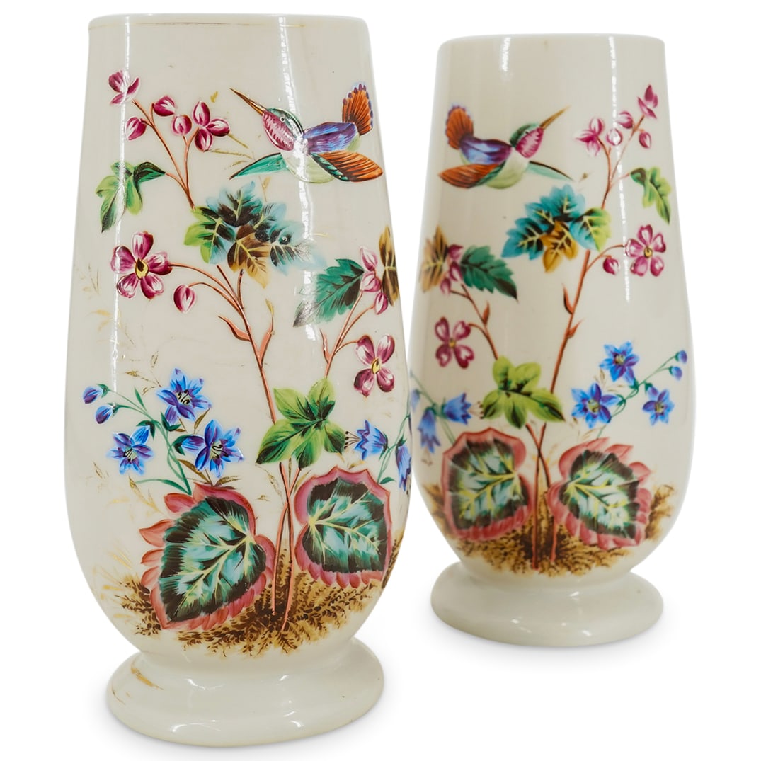 (2 Pc) 19th Cent. French Poss. Baccarat Opaline Glass Enameled Vases (1 of 12)