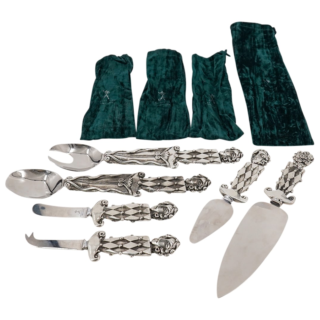 (6 Pc) Abobemode Pewter Serving Utensils: DESCRIPTION: Six Abodes Mode serving utensils, each pewter handle with finial modeled as an Art Deco-style woman's head, each bowl or made probably made from stainless steel. The four bladed items eac