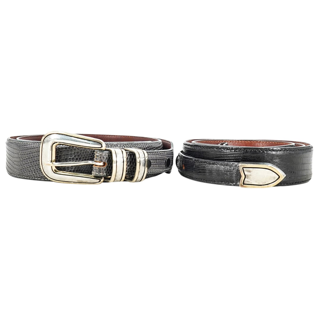 (2 Pc) VOGT Sterling Silver & 14K Gold Buckle Lizard Leather Belts (1 of 7)