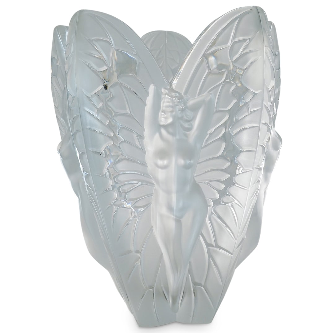 Lalique 'Chrysalide' Frosted Crystal Vase: DESCRIPTION: Lalique 'Chrysalide' frosted crystal vase with five petal flower form and nude female reliefs. Signed: 'Lalique, France' sticker at interior. Provenance: From a prominent South Beach Esta