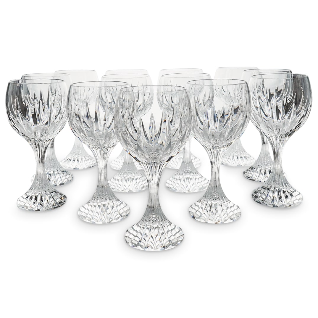 (13 Pc) Baccarat Crystal "Massena" Red Wine Stemware Set: DESCRIPTION: (13 Pc) Baccarat crystal red wine goblets stemware set in the "Massena" pattern. Thai set includes a total of thirteen (13) goblets. Each piece is marked with Baccarat hallmark on the und