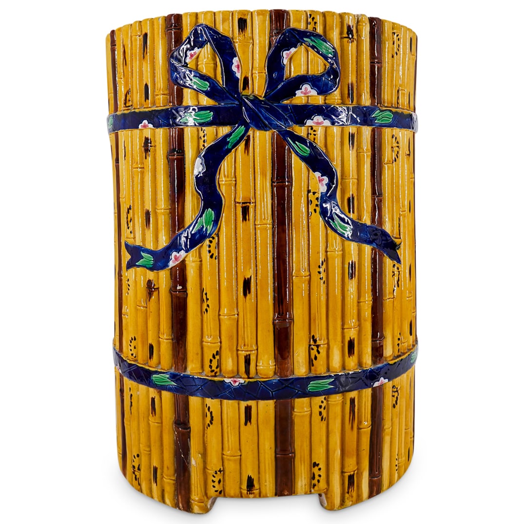 Minton Majolica "Bamboo" Garden Seat: DESCRIPTION: Minton Majolica "Bamboo" garden seat, ceramic glazed garden seat decorated with ribbon tied stalks of bamboo, marked to the underside. CIRCA: Mid 19th century. ORIGIN: England DIMENSIONS: