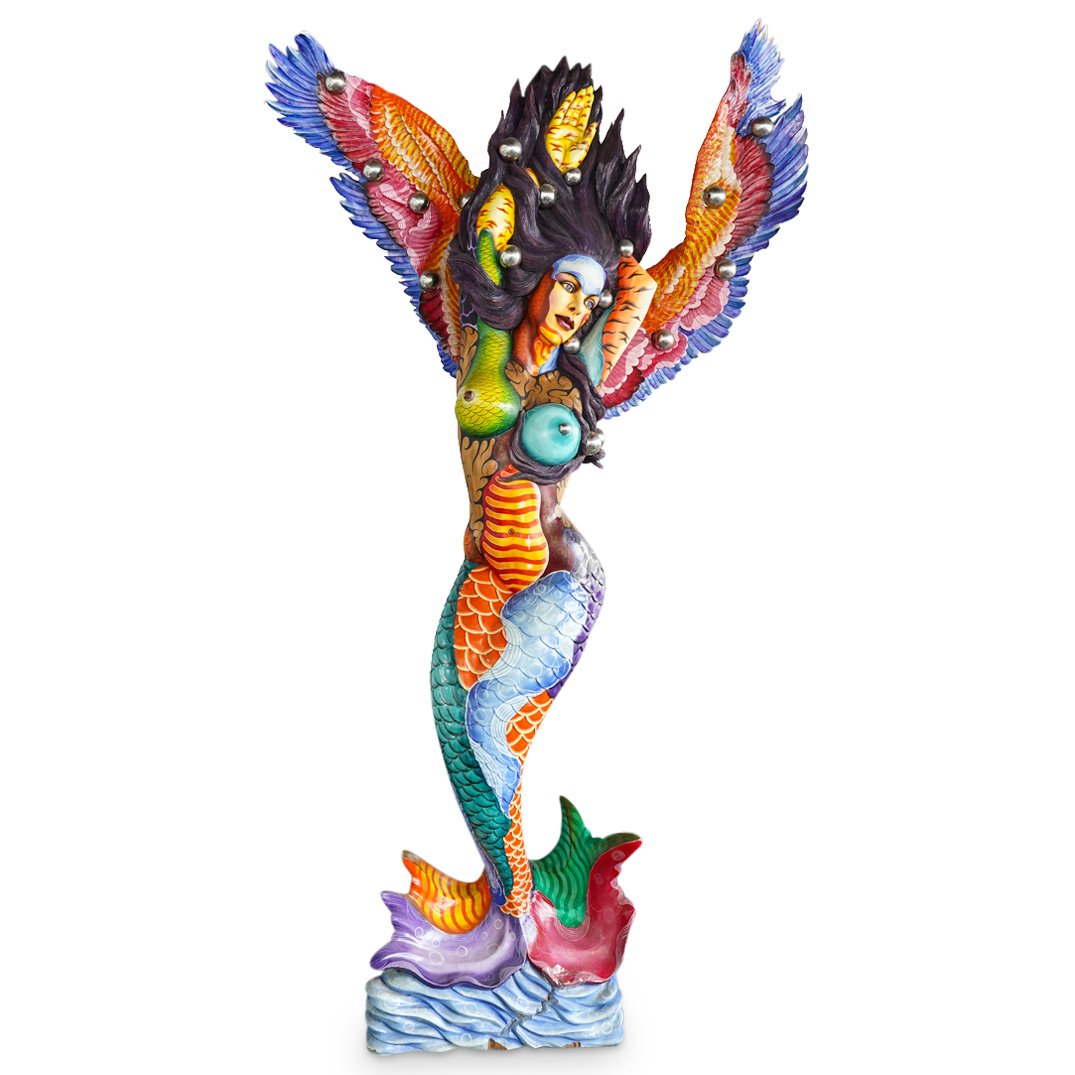 Monumental 'Sita Rama' Wood Carved & Painted Artist Sculpture: DESCRIPTION: A monumental 'Sita Rama' carved wood sculpture depicting a nude female winged figure with fish tail, finished in vibrant polychrome acrylics, completed with chrome set-sphere details thro