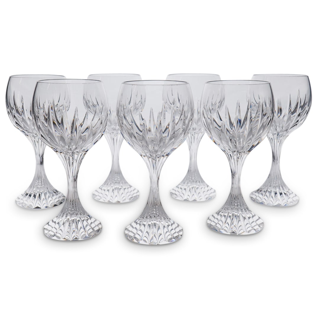 (7 Pc) Baccarat Crystal "Massena" White Wine Stemware Set: DESCRIPTION: (7 Pc) Baccarat crystal white wine stemware set in the "Massena" pattern. Thai set includes a total of seven (7) goblets. Each piece is marked with Baccarat hallmark on the underside. Pro