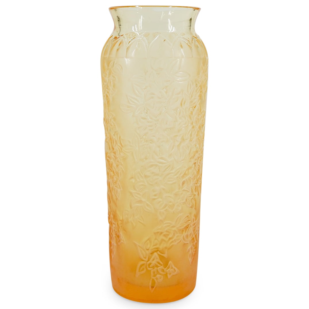 Lalique 'Bougainvillea' Amber Frosted Crystal Vase: DESCRIPTION: Lalique 'Bougainvillea' amber frosted crystal vase with leafy vine decoration throughout. Signed at underside: 'Lalique, France'. Provenance: From a prominent South Beach Estate. CIRCA: 1