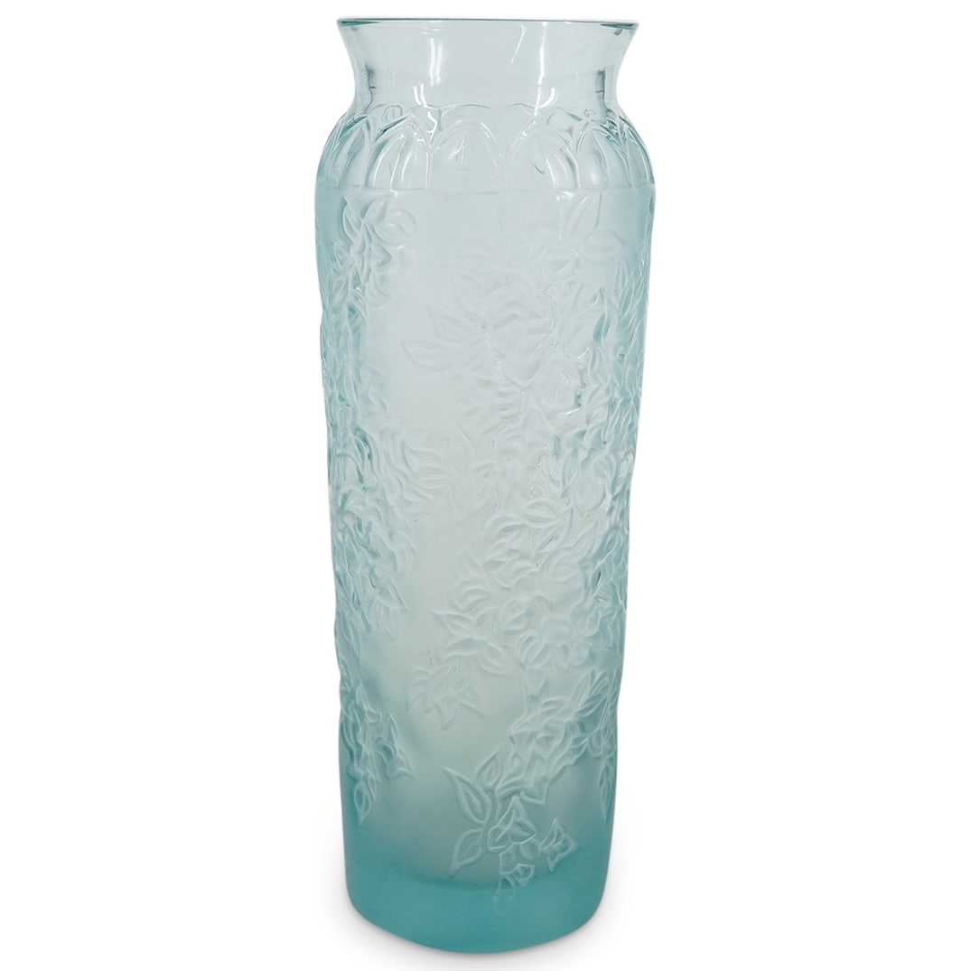 Lalique 'Bougainvillea' Ice Blue Frosted Crystal Vase: DESCRIPTION: Lalique 'Bougainvillea' ice-blue frosted crystal vase with leafy vine decoration throughout. Signed at underside: 'Lalique, France'. Provenance: From a prominent South Beach Estate. CIRCA