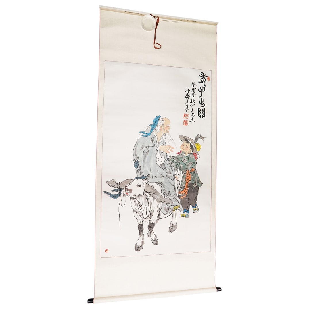 Large Chinese "Lao Tzu In the Mountain Pass" Ink And Watercolor Wall Scroll (1 of 7)