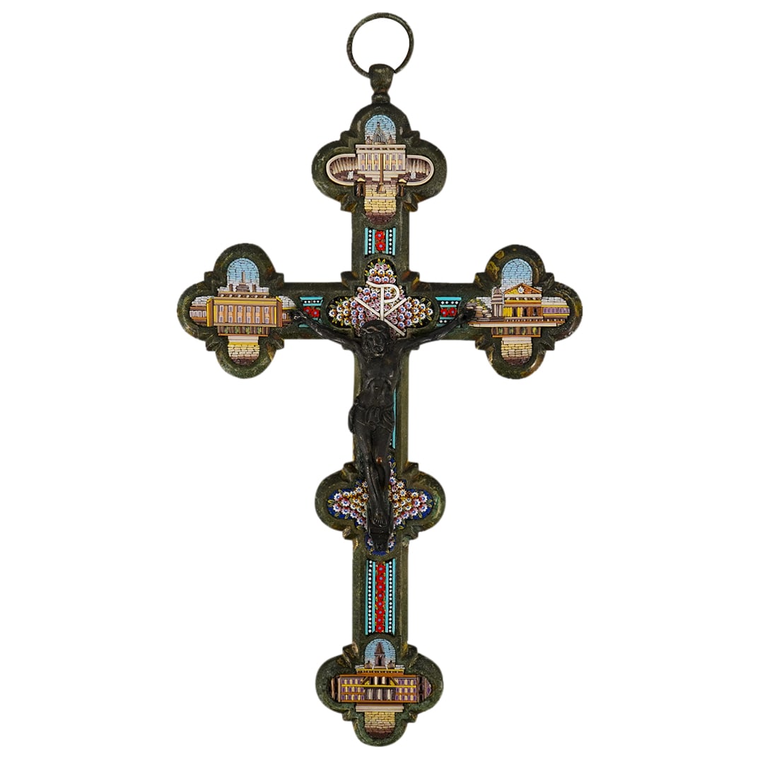 Antique Italian Silvered Brass Micro Mosaic Crucifix (1 of 5)