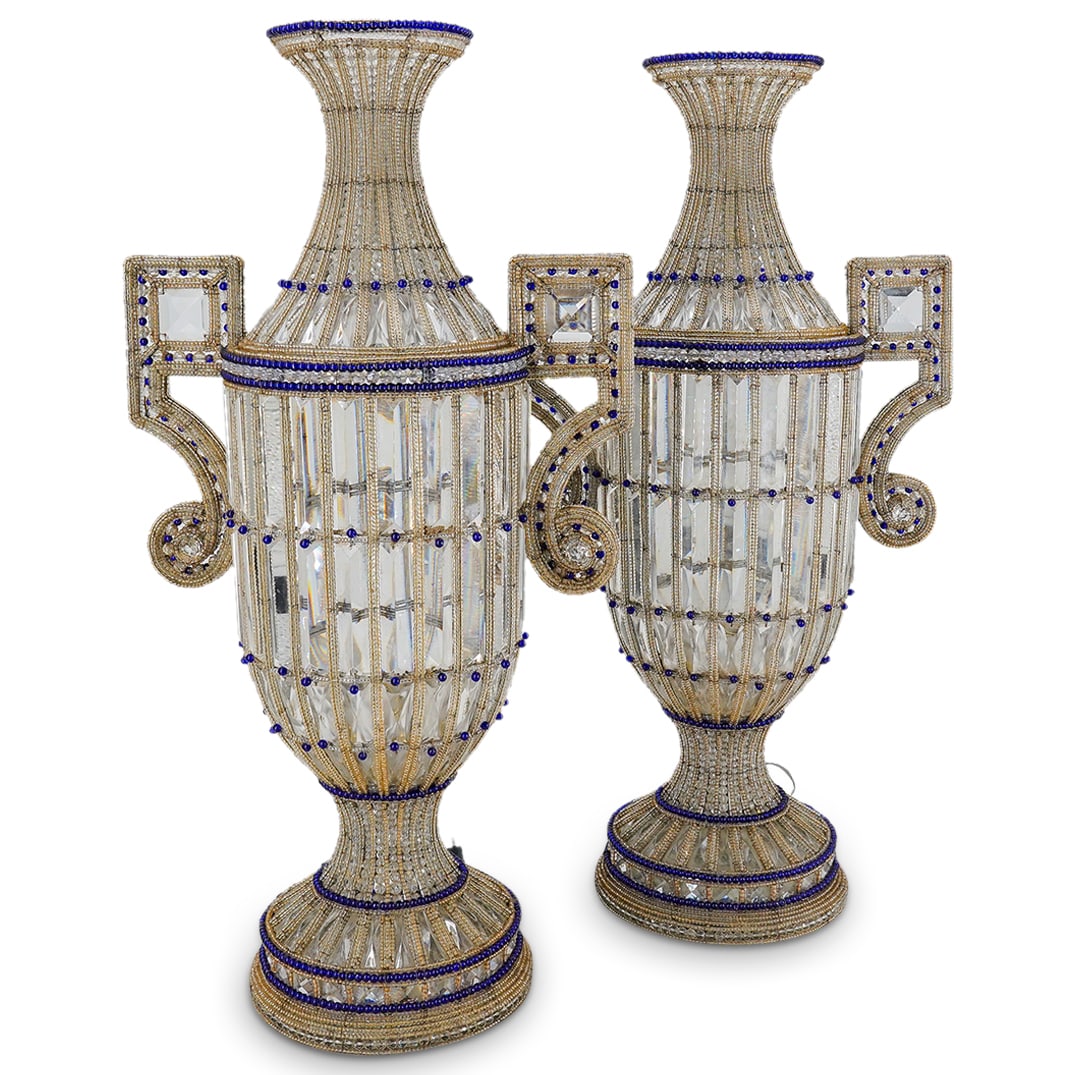 Pair of Italian Venetian Glass Lamps: DESCRIPTION: Italian glass lamps, likely of Venetian origin, clear prism cut, faceted glass and glass beads, with royal blue glass beads accenting the base, waist, shoulder and rims, with attached han