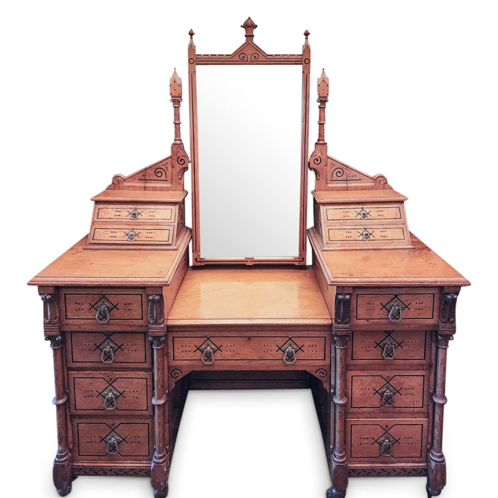 19th Cent. Belgium Marquetry Inlaid Vanity: DESCRIPTION: 9th Century Belgium inlaid vanity with four stacked side storage drawers, and a center pull-out drawer, designed with cathedral formed inset mirror on tilting mount, completed with archit