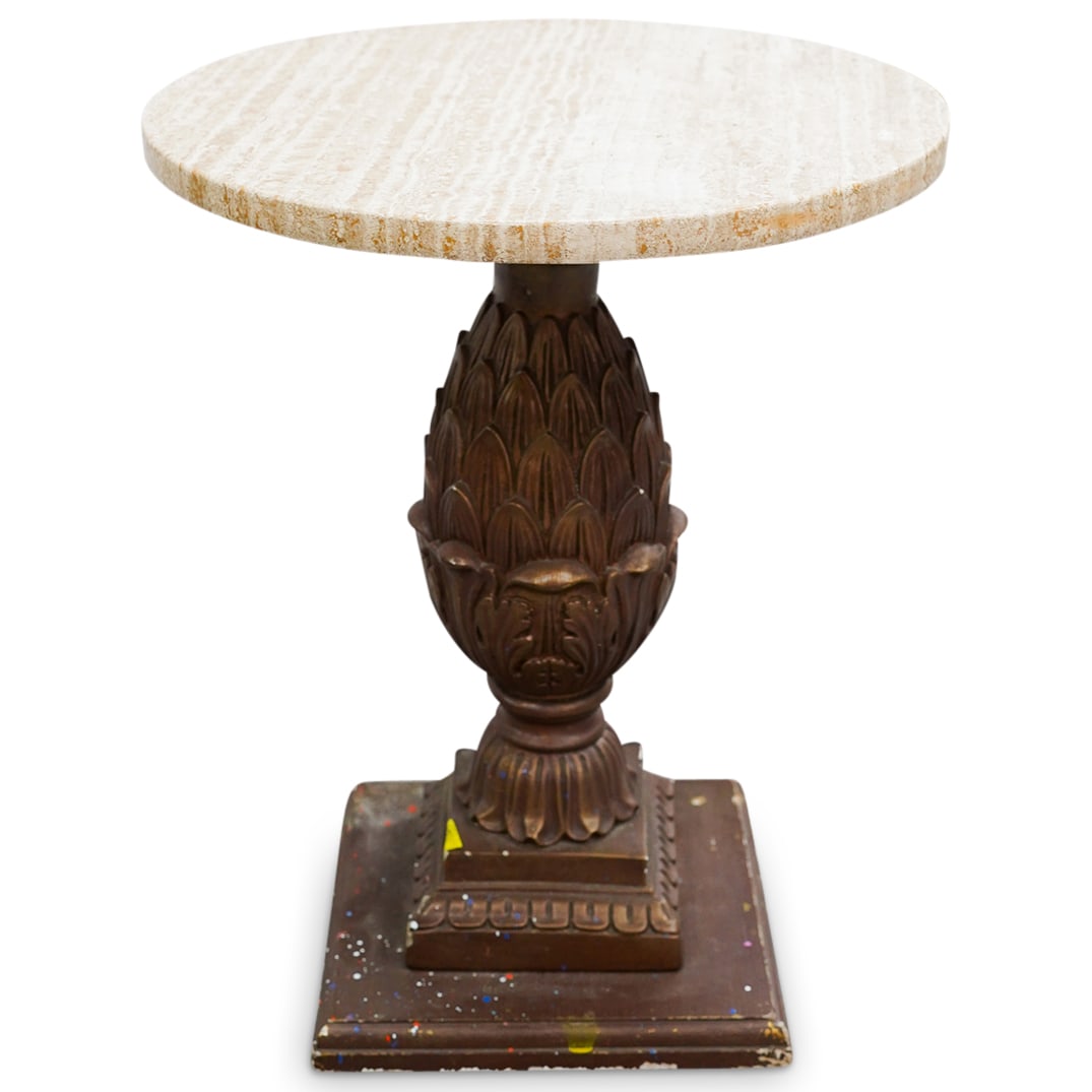 Travertine & Wood Carved Pineapple Occasional Table: DESCRIPTION: Painted wood carved pineapple occasional table with round polished travertine top. Provenance: From a prominent South Beach Estate. CIRCA: 20th Cent. ORIGIN: Continual DIMENSIONS: H: 21"