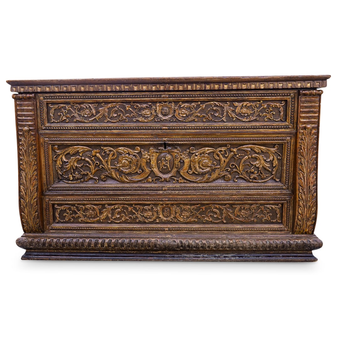 16th/17th C. Italian Custom Carved Console: DESCRIPTION: A restored modernized 16th to 17th century console crafted originally from an antique Italian carved wood chest of drawers woth parcel gilt details. Open at backside. CIRCA: 16th-17th Cen