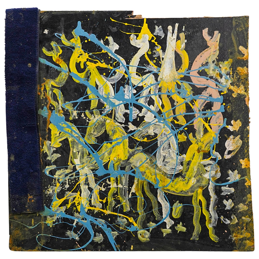 Purvis Young (1943-2010) Horses Mixed Media: DESCRIPTION: Mixed media painting by Purvis Young composed of a plywood board painted with abstract horse motifs and paint splatters and marked by an applied piece of carpeting. CIRCA: 20th to early 2
