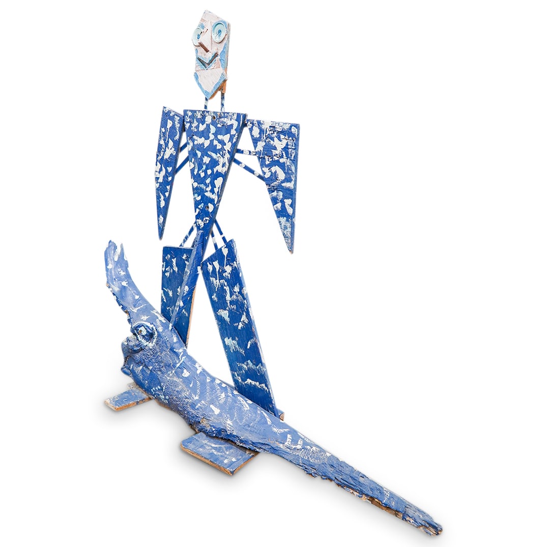 Large Thornton Dial, Jr. (American, B. 1953) Mixed Media Sculpture: DESCRIPTION: Large outsider art mixed media (paint, metal, and found wood) sculpture by Thornton Dial, Jr. (American, b. 1953) depicting a nude man and an alligator. Unsigned. "1995.1059" at reverse.