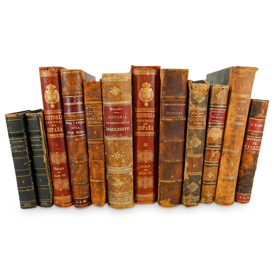 (12 Pc) Antique History Books In Spanish And French: DESCRIPTION: Twelve antique books on various history subjects. Title and author listing is as follows: Trinidad: Journal d'un Missionaire Dominicain ("Trinidad: Journal of a Dominican Missionary") by 