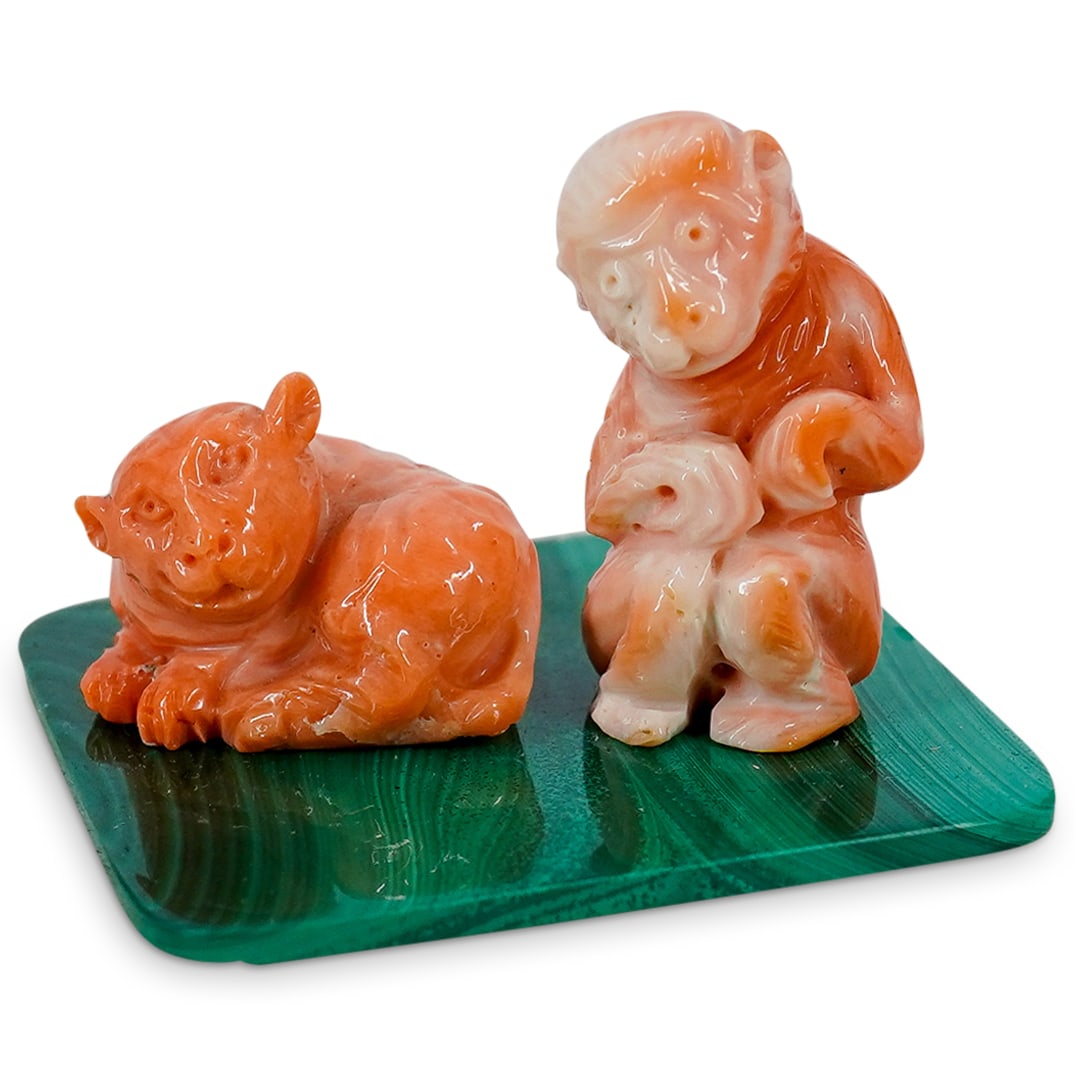 Chinese Carved Coral Monkey Sculptures (1 of 4)