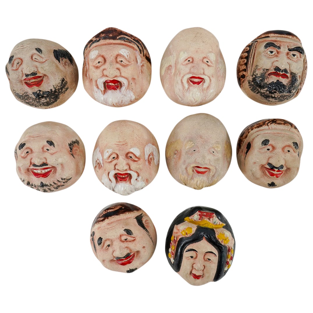 (10 Pc) Antique Japanese Ceramic "Lucky Gods" Sake Cups (1 of 10)