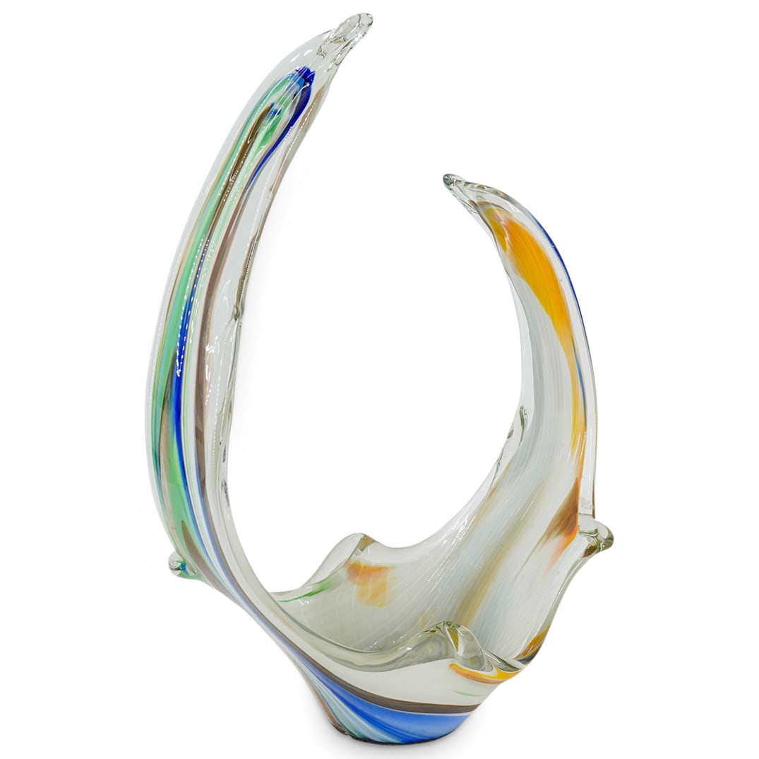 Murano Art Glass Sommerso Centerpiece Vase: DESCRIPTION: Murano art glass sommerso centerpiece vase designed with a free form design with stretched lateral sides, in clear glass with interior sommerso colored glass accents in white, orange blue