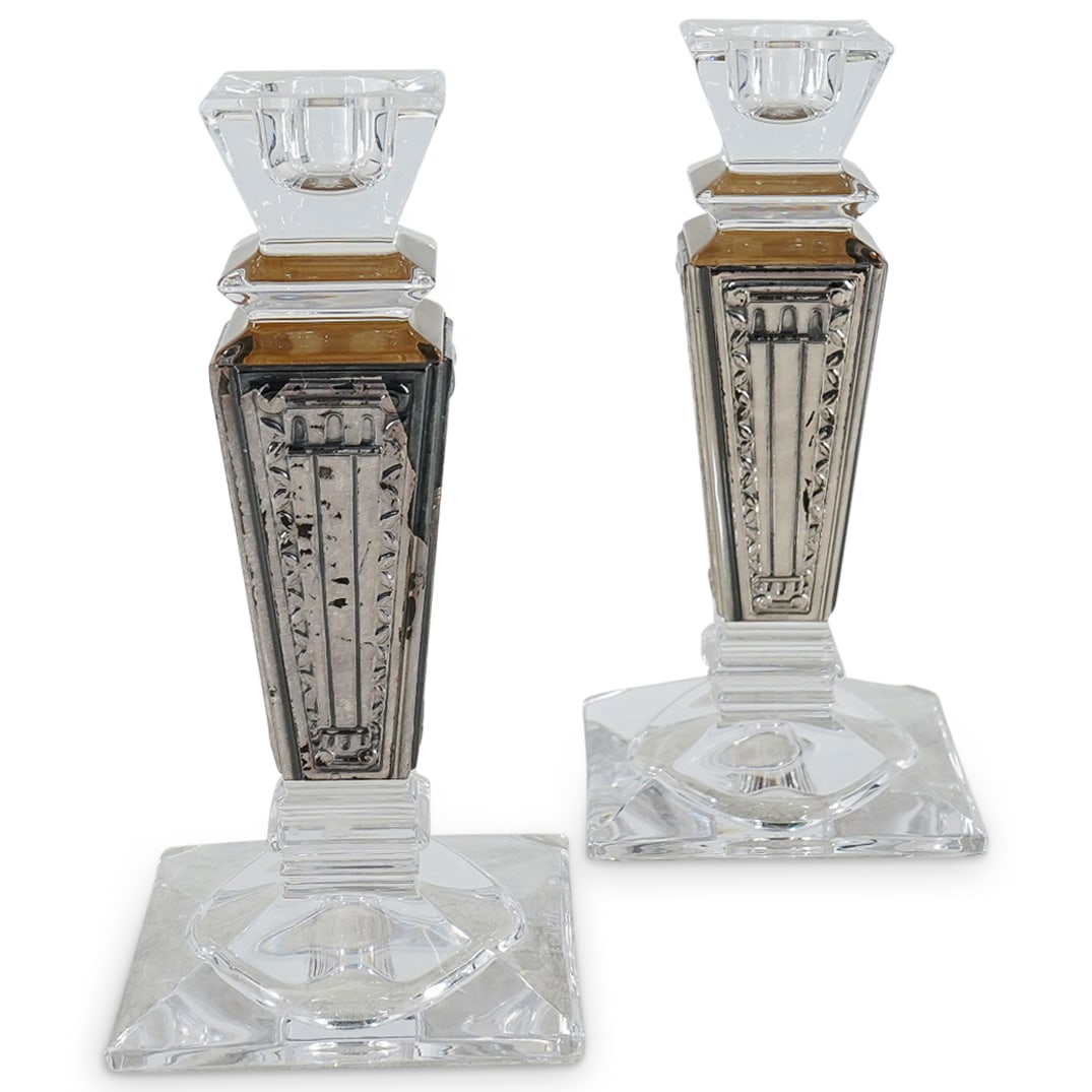 Pair of Crystal and 925 Silver Overlay Corinthian Style Enameled Crystal Candlesticks. (1 of 7)