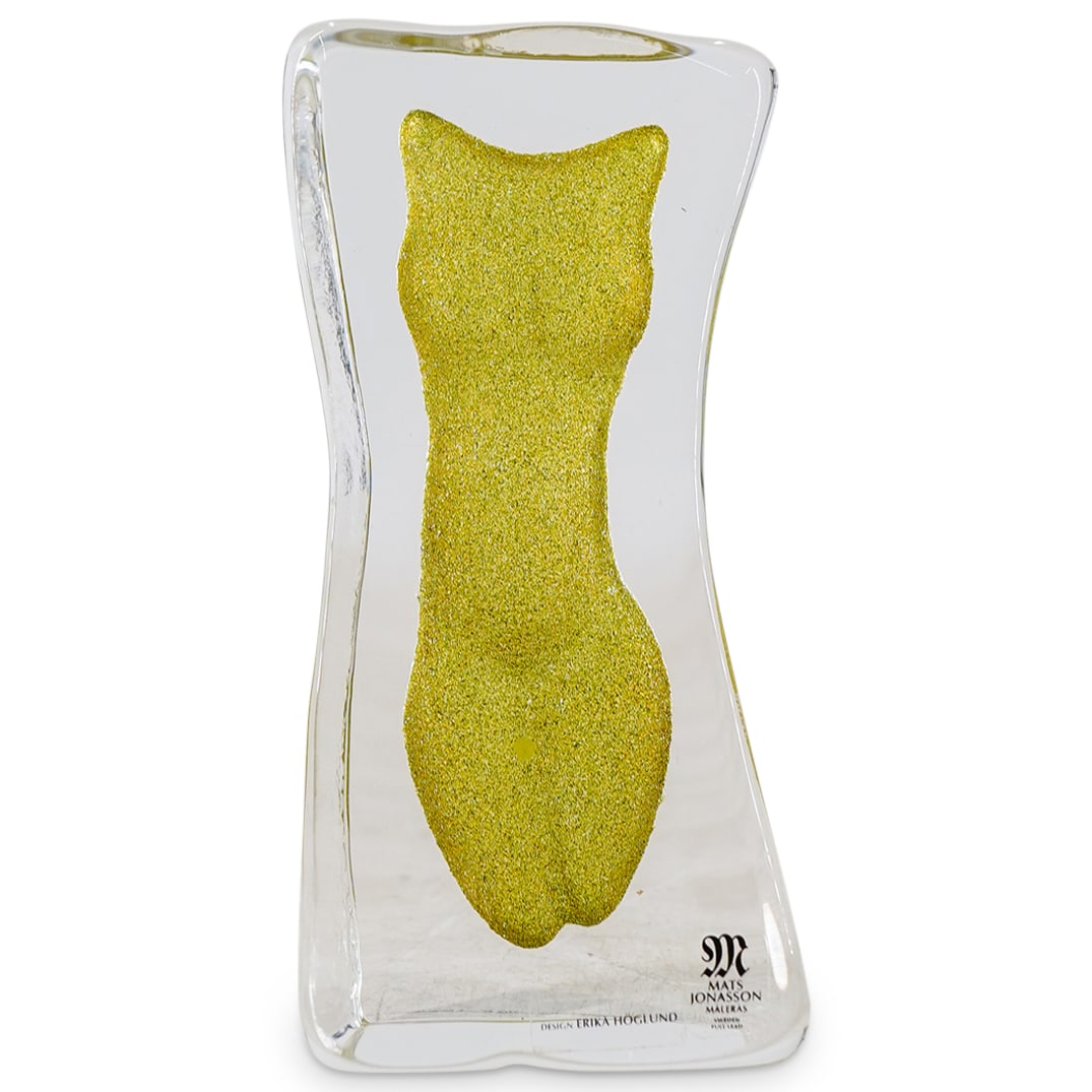 Erika Hoglund For Maleras Crystal Paperweight: DESCRIPTION: Crystal paperweight or sculpture by Erika Hoglund for Maleras depicting a woman's torso. Labels adhered at bottom. Marked with "E. Hoglund Maleras 25026" at underside. CIRCA: Early 21st c