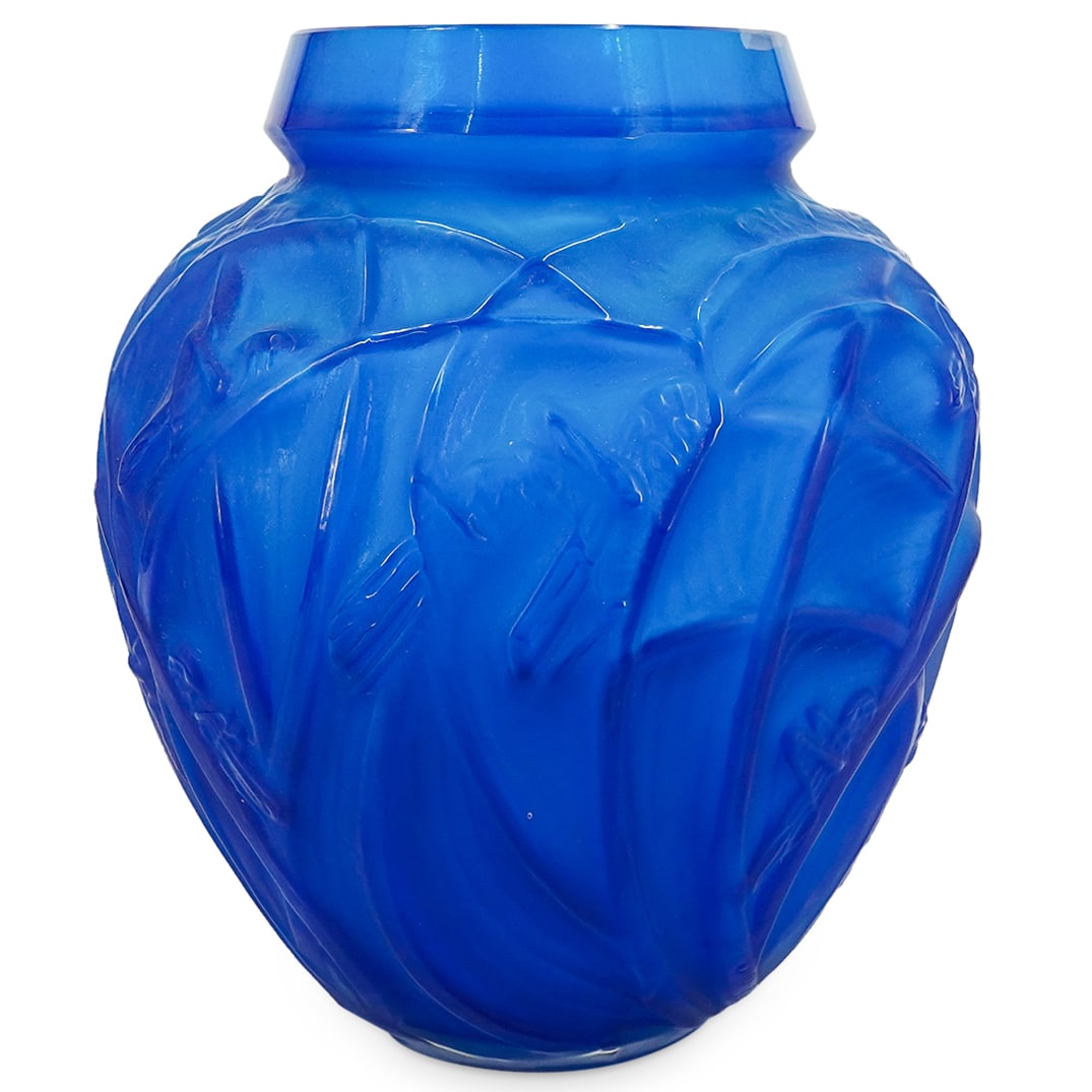 After Rene Lalique "Sauterelles" Electric Blue Glass Vase (1 of 6)