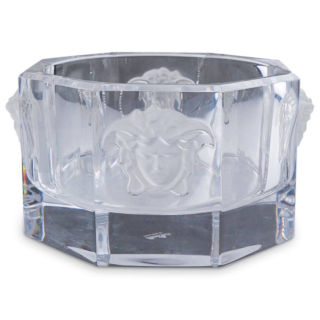 Rosenthal Versace Medusa Lumiere Octagonal Crystal Bowl: DESCRIPTION: Rosenthal Versace Medusa Lumiere octagonal crystal bowl embellished with clear frosted figural Medusa heads in semi relief. Marked "Rosenthal Versace". CIRCA: 20th Century. ORIGIN: German