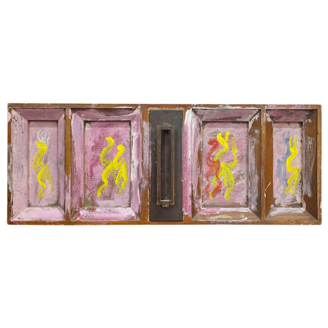 Purvis Young (American, 1943-2010) House Paint On Found Wood: DESCRIPTION: Painting (house paint on found wood with metal component) by Purvis Young (American, 1943-2010) depicting figures. Signed "Young" at top. "39821" at reverse. CIRCA: 20th century ORIGIN: A