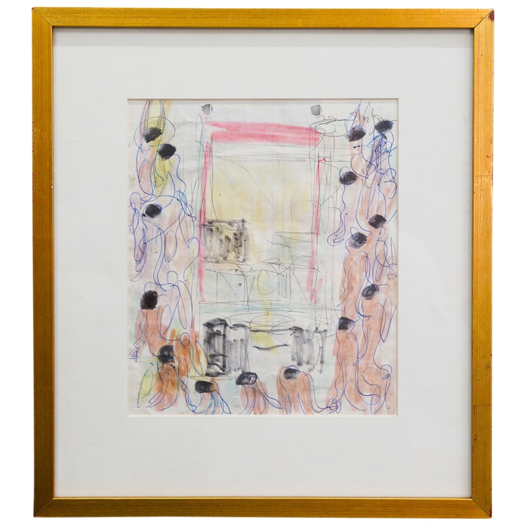 Purvis Young (American, 1943-2010) Mixed Media On Paper: DESCRIPTION: Mixed media on paper artwork by Purvis Young (American, 1943-2010) depicting figures. Possibly signed at upper right. Dated "3/1[7?]/[84?]" at upper right. CIRCA: 20th century ORIGIN: Ame