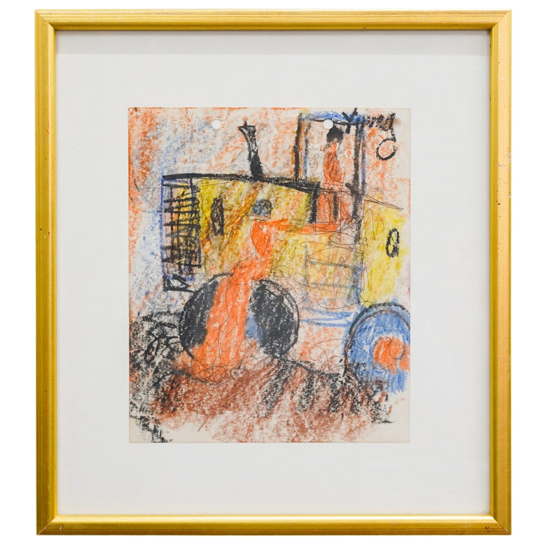 Purvis Young (American, 1943-2010) Mixed Media On Paper: DESCRIPTION: Mixed media on paper artwork by Purvis Young (American, 1943-2010) depicting a figure in a truck. Signed "Young" at upper right. CIRCA: 20th century ORIGIN: American DIMENSIONS: (Sight) H