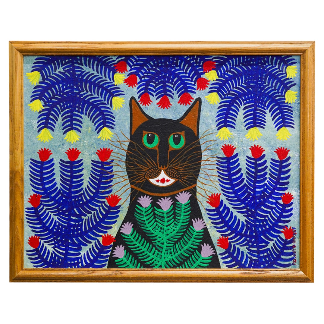 Rodney C. Hardee (American) "The Black Cat In The Flower Garden" Acrylic On Panel (1 of 4)