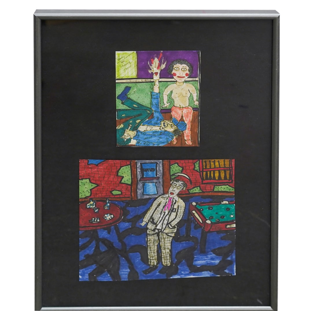 (2 Pc) Jessie Lee Mitchell Outsider Art Mixed Media On Paper Artworks (1 of 4)