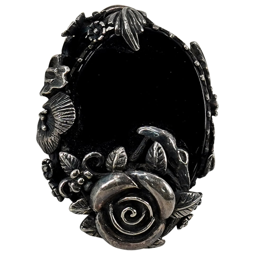 Antique Sterling Silver Rose And Black Stone Cocktail Ring (1 of 7)