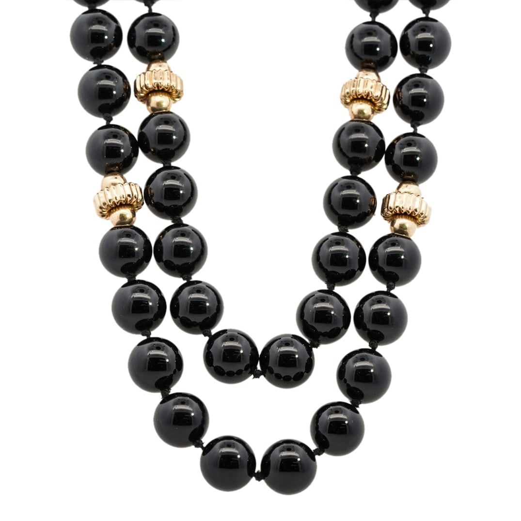 (3 Pc) East Asian Stone Bead Necklaces: DESCRIPTION: Three east asian necklaces, each composed of stone beads: one featuring cloisonne and carved bone beads, one composed of onyx and onyx and 14K gold beads, and one composed of jade beads. 