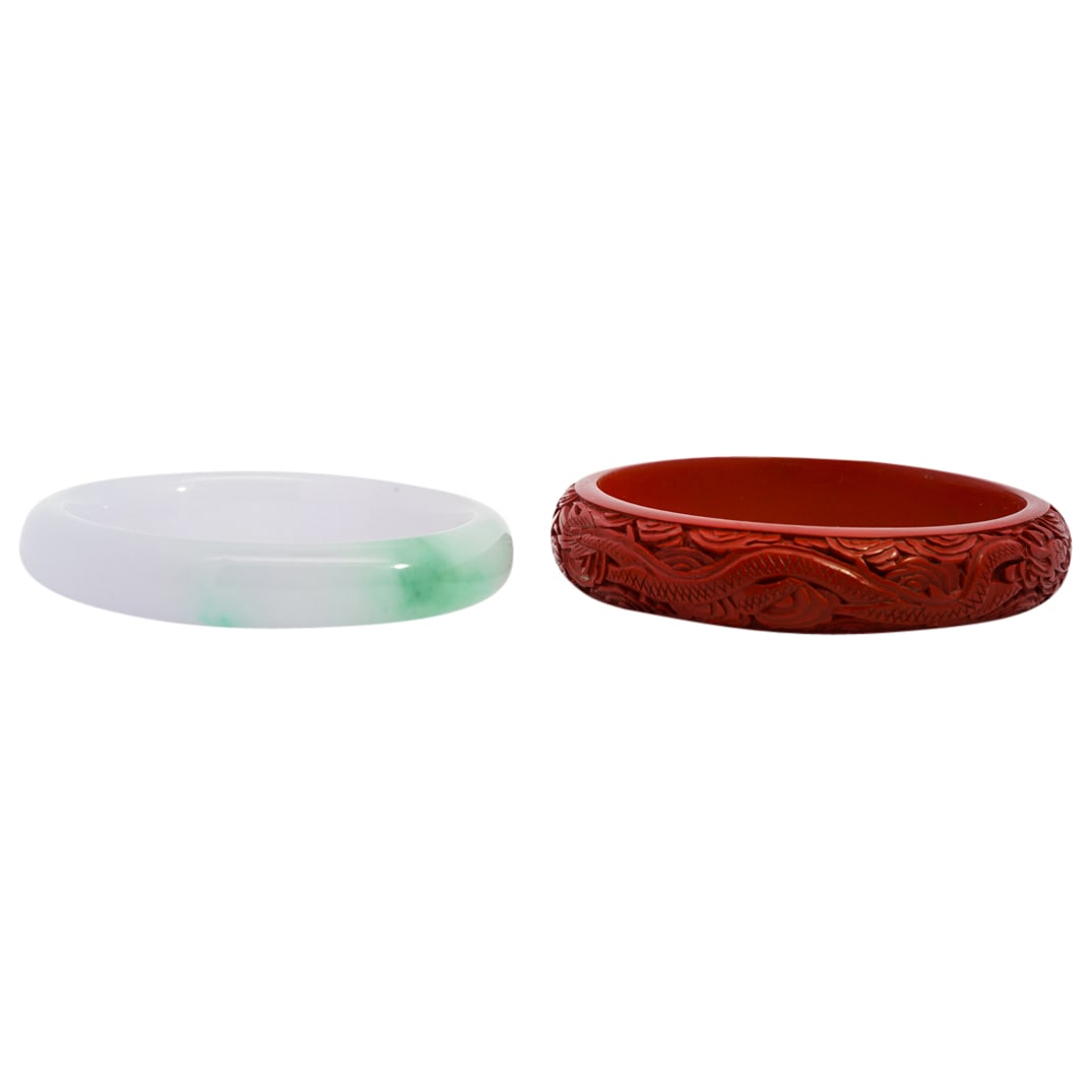 (2 Pc) Chinese Cinnabar And Jade Bangles (1 of 3)