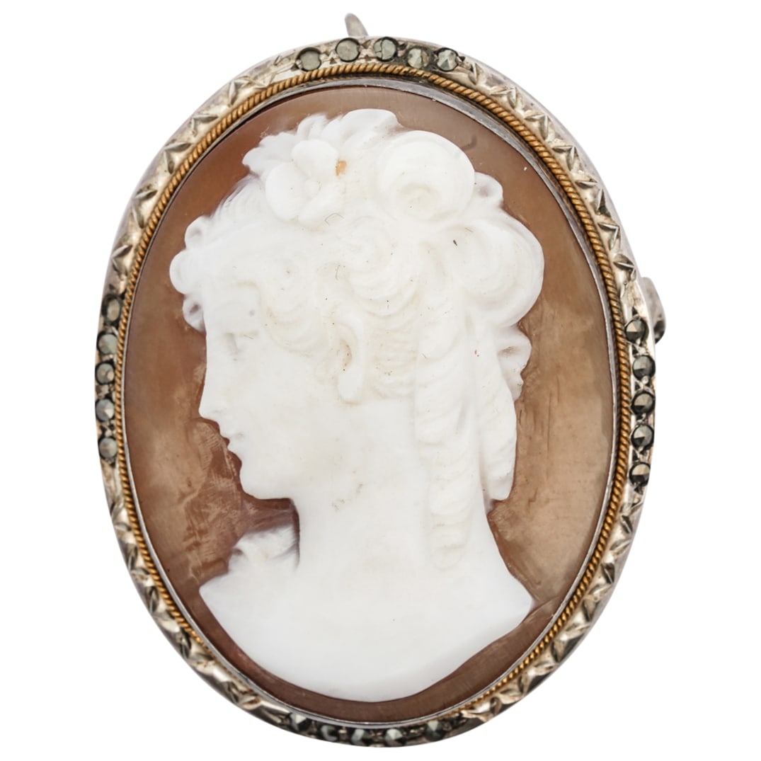 Carved Shell Cameo & 800 Silver Brooch (1 of 3)